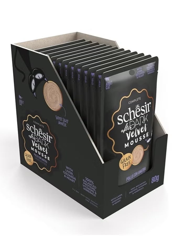 Schesir After Dark Velvet Mousse Wet Cat Food Chicken with Duck 80g Pack of 12 | Grain Free High Protein Complete Adult Cat Meal with Organ Meat & Hydration Support - Image 1